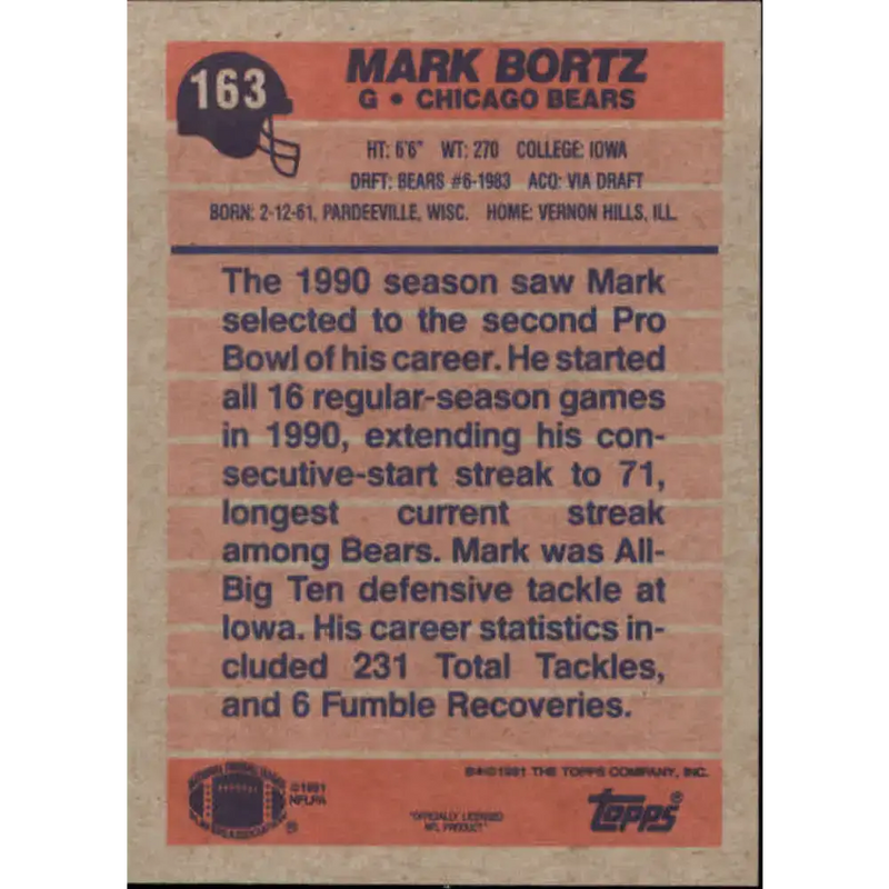 1991 Topps #163 Mark Bortz NM-MT Chicago Bears Football Card - Football Card Single