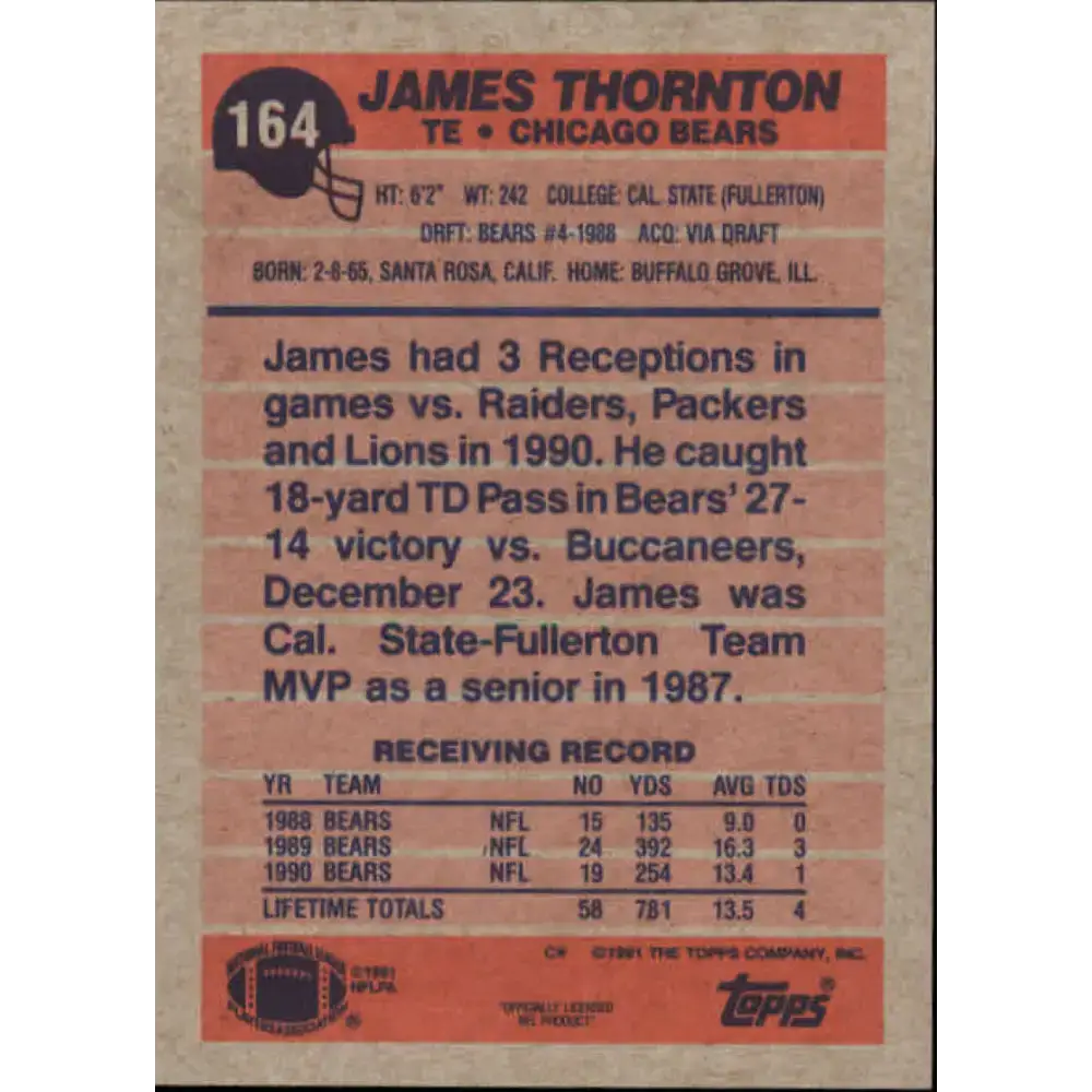 1991 Topps #164 James Thornton NM-MT Chicago Bears Football Card - Football Card Single