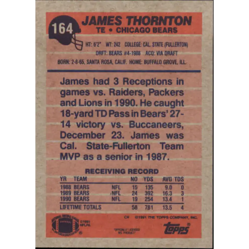 1991 Topps #164 James Thornton NM-MT Chicago Bears Football Card - Football Card Single