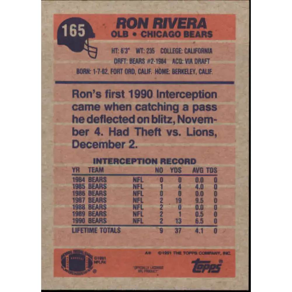 1991 Topps #165 Ron Rivera NM-MT Chicago Bears Football Card - Football Card Single