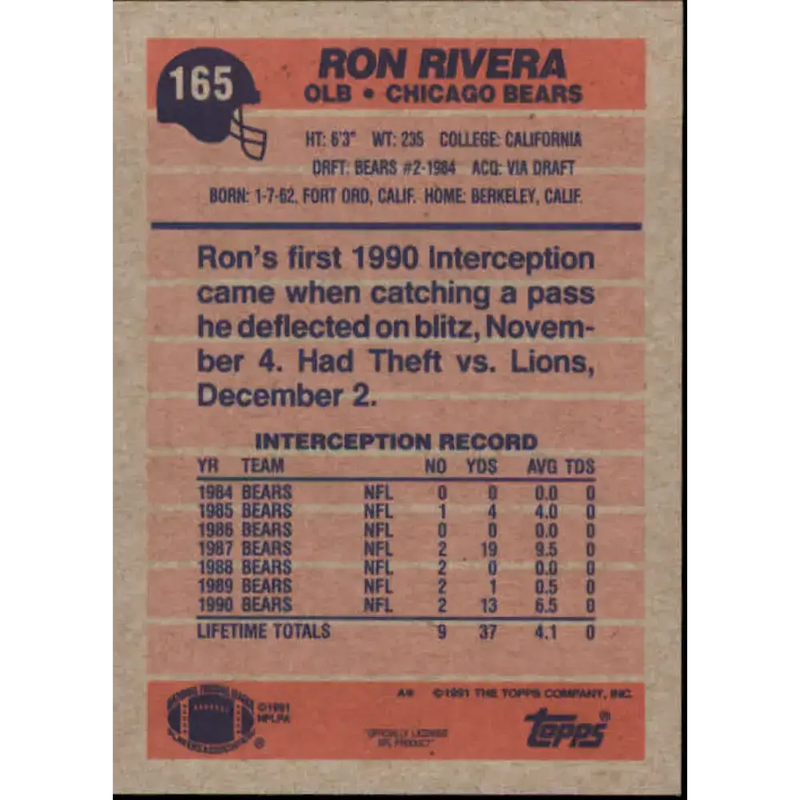 1991 Topps #165 Ron Rivera NM-MT Chicago Bears Football Card - Football Card Single
