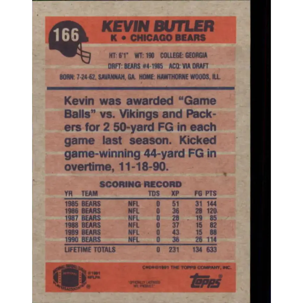 1991 Topps #166 Kevin Butler NM-MT Chicago Bears Football Card - Football Card Single