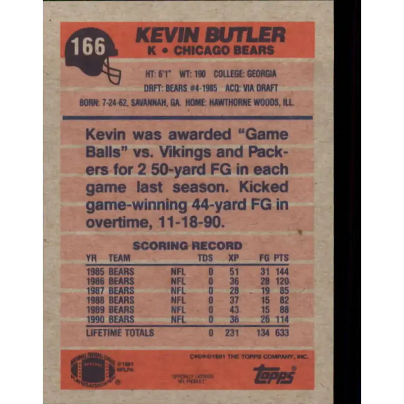 1991 Topps #166 Kevin Butler NM-MT Chicago Bears Football Card - Football Card Single