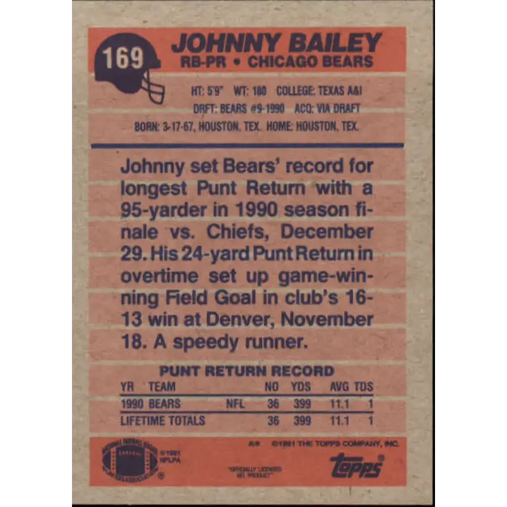 1991 Topps #169 Johnny Bailey NM-MT Chicago Bears Football Card - Football Card Single