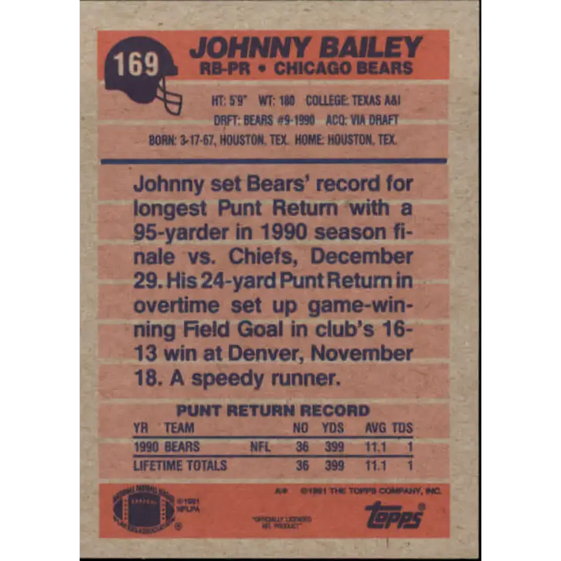1991 Topps #169 Johnny Bailey NM-MT Chicago Bears Football Card - Football Card Single