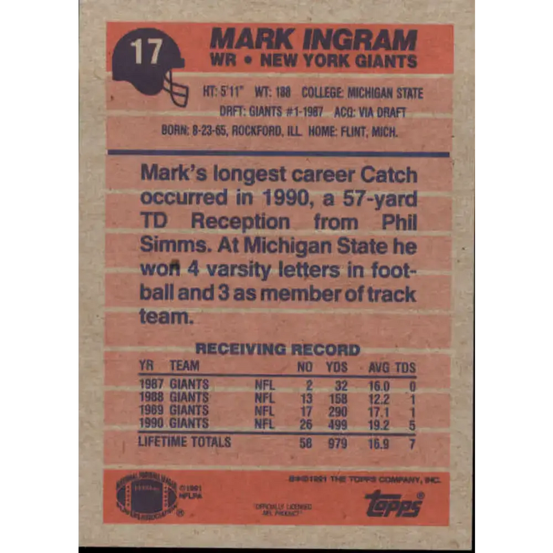 1991 Topps #17 Mark Ingram NM-MT New York Giants Football Card - Football Card Single