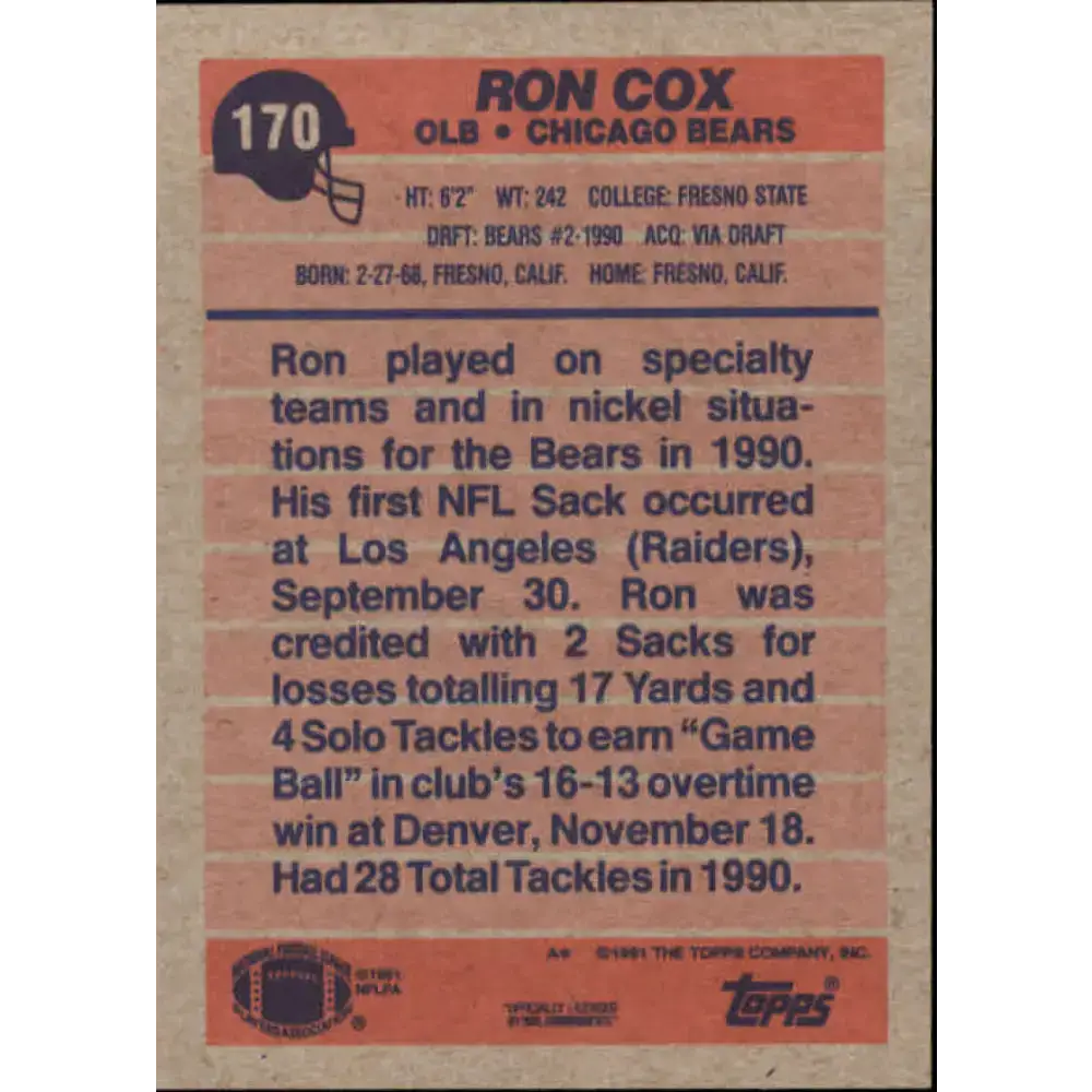 1991 Topps #170 Ron Cox NM-MT Chicago Bears Football Card - Football Card Single