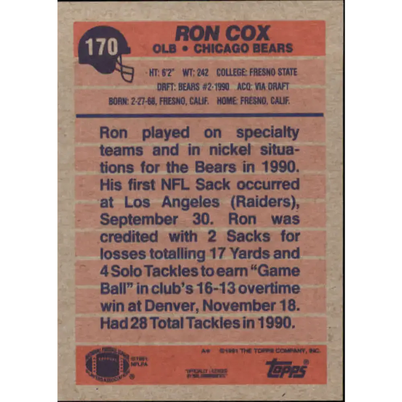 1991 Topps #170 Ron Cox NM-MT Chicago Bears Football Card - Football Card Single