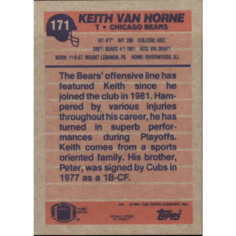 1991 Topps #171 Keith Van Horne NM-MT Chicago Bears Football Card - Football Card Single
