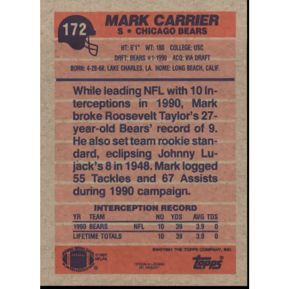1991 Topps #172 Mark Carrier NM-MT Chicago Bears Football Card - Football Card Single