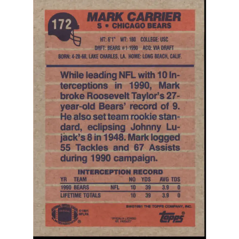1991 Topps #172 Mark Carrier NM-MT Chicago Bears Football Card - Football Card Single