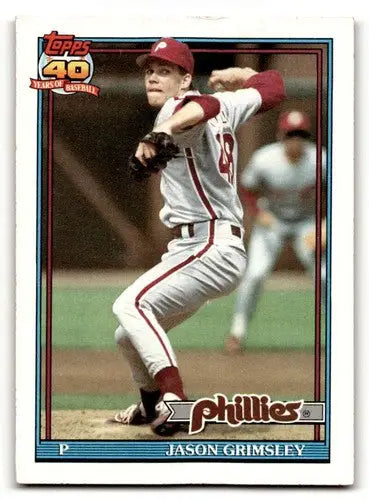 Original gloss 1991 Topps Jason Grimsley Philadelphia Phillies baseball card image