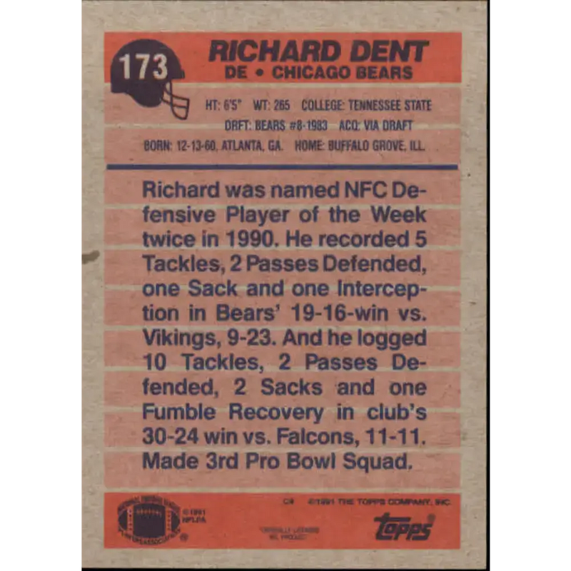 1991 Topps #173 Richard Dent NM-MT Chicago Bears Football Card - Football Card Single