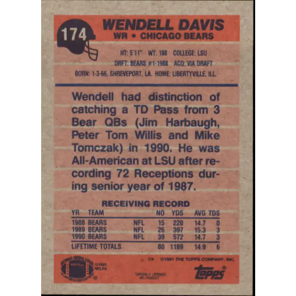 1991 Topps #174 Wendell Davis NM-MT Chicago Bears Football Card - Football Card Single