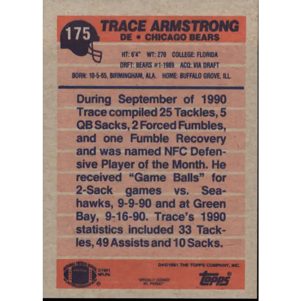 1991 Topps #175 Trace Armstrong NM-MT Chicago Bears Football Card - Football Card Single