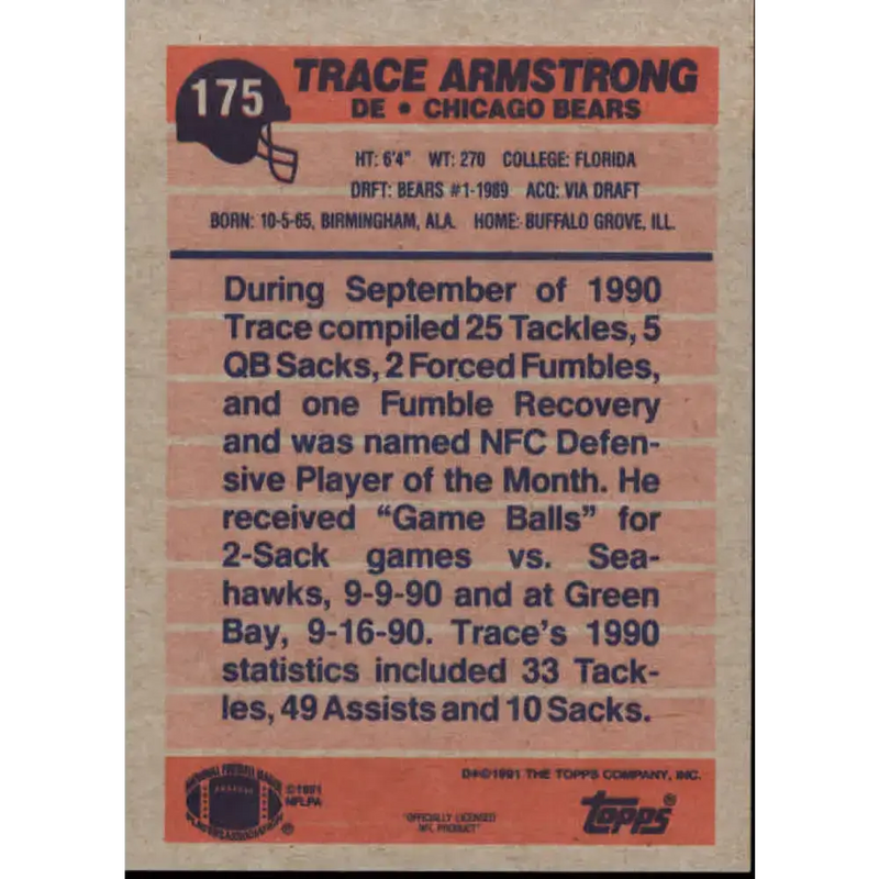 1991 Topps #175 Trace Armstrong NM-MT Chicago Bears Football Card - Football Card Single