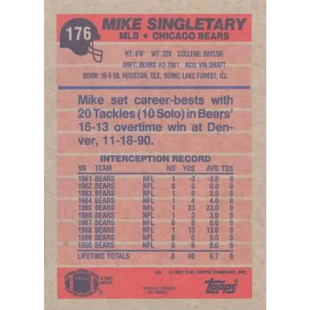 1991 Topps #176 Mike Singletary NM-MT Chicago Bears Football Card - Football Card Single