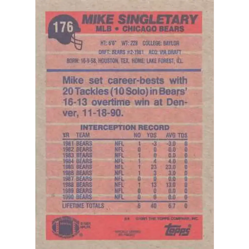 1991 Topps #176 Mike Singletary NM-MT Chicago Bears Football Card - Football Card Single
