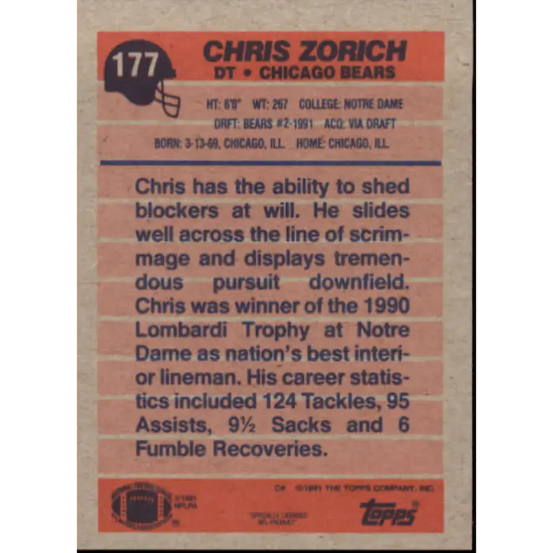 1991 Topps #177 Chris Zorich NM-MT RC Rookie Chicago Bears Football Card - Football Card Single