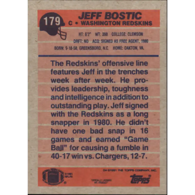 1991 Topps #179 Jeff Bostic NM-MT Washington Redskins Football Card - Football Card Single