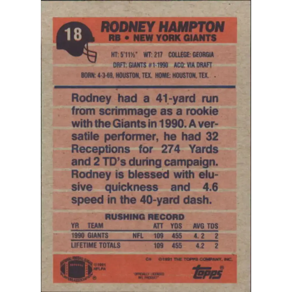 1991 Topps #18 Rodney Hampton NM-MT RC Rookie New York Giants Football Card