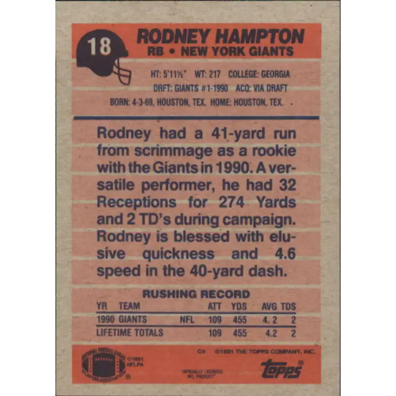 1991 Topps #18 Rodney Hampton NM-MT RC Rookie New York Giants Football Card