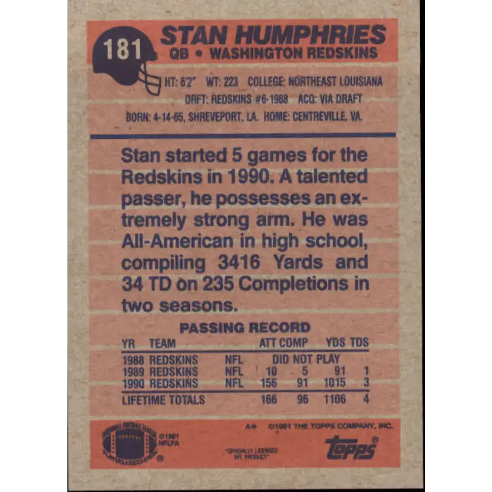 1991 Topps #181 Stan Humphries NM-MT Washington Redskins Football Card - Football Card Single