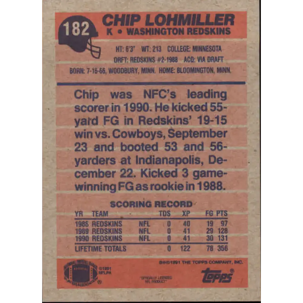1991 Topps #182 Chip Lohmiller NM-MT Washington Redskins Football Card - Football Card Single