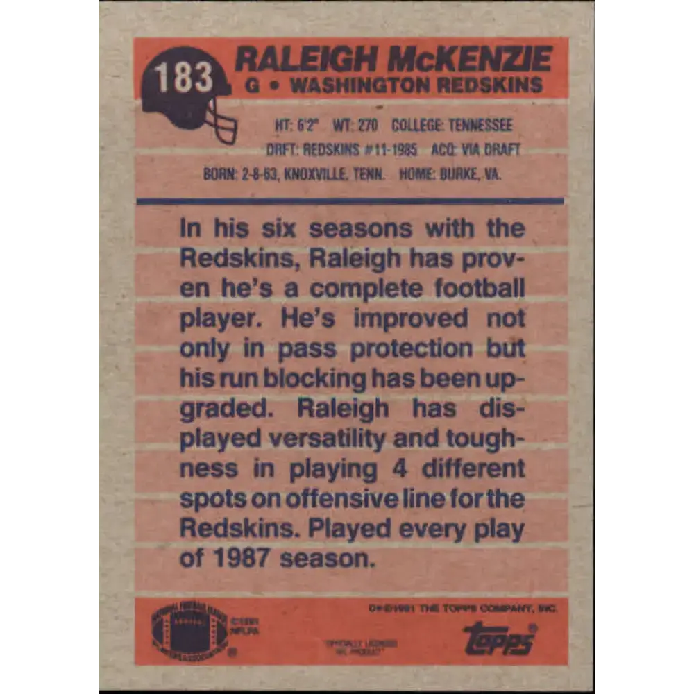 1991 Topps #183 Raleigh McKenzie NM-MT RC Rookie Washington Redskins Football Card - Football Card Single