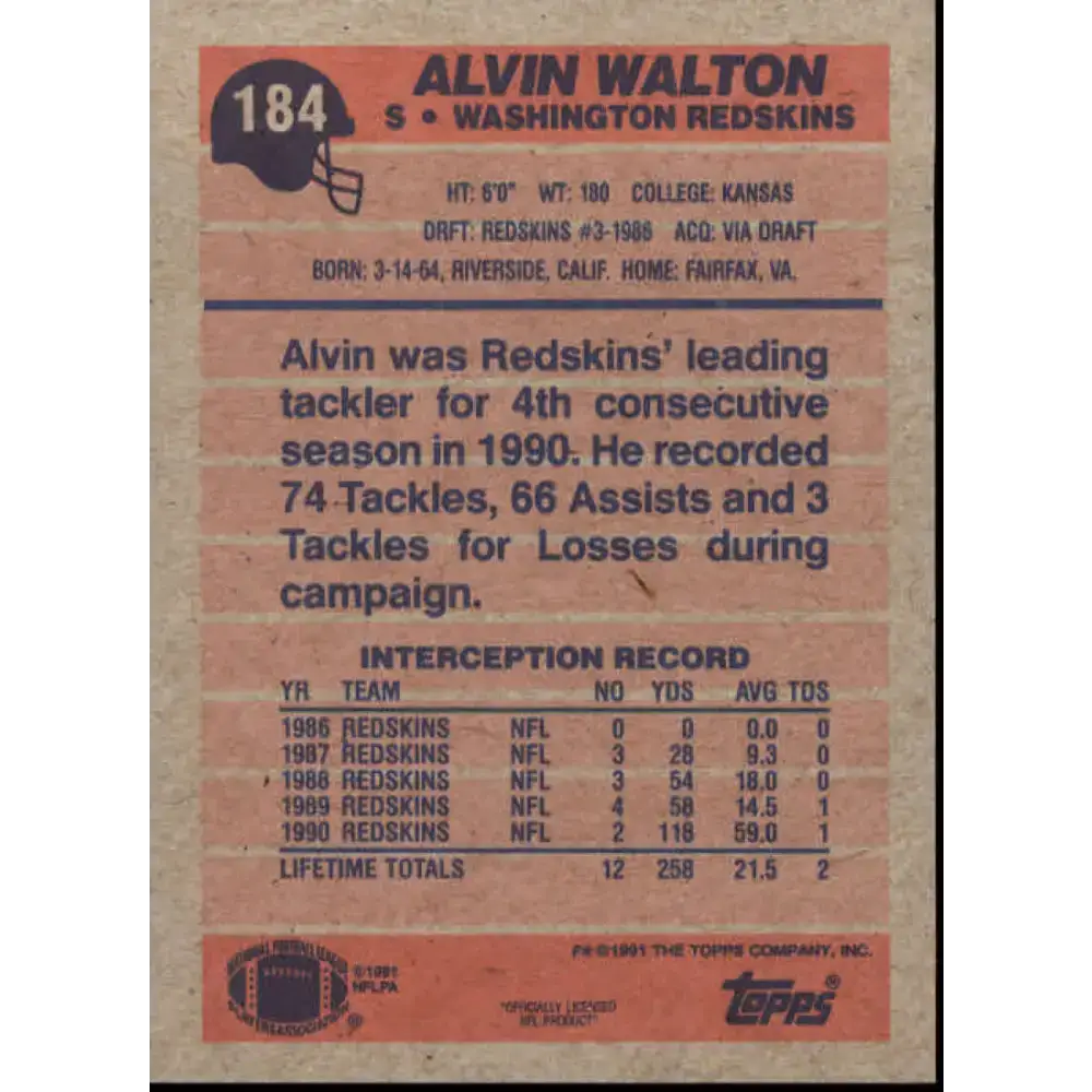 1991 Topps #184 Alvin Walton NM-MT Washington Redskins Football Card - Football Card Single