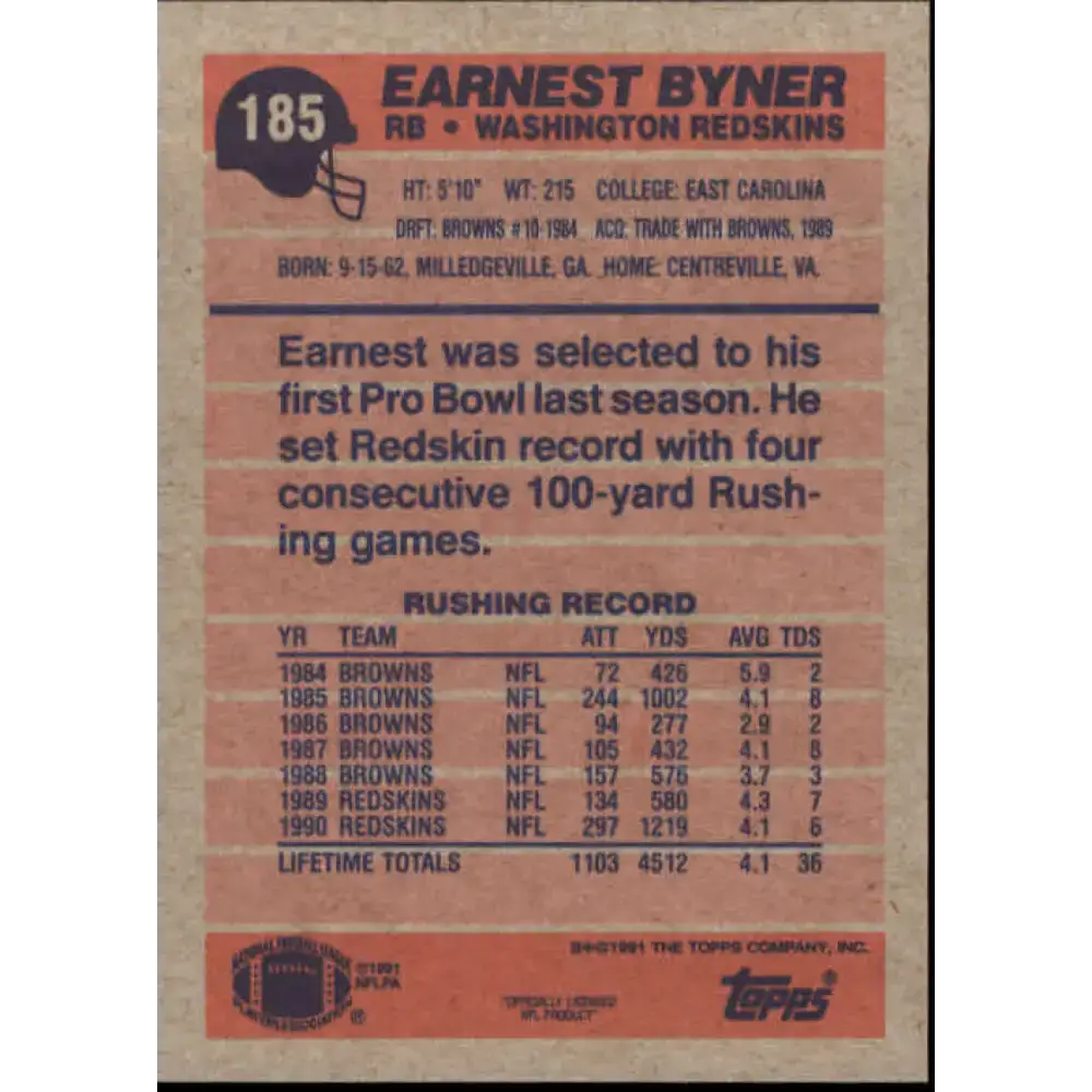 1991 Topps #185 Earnest Byner NM-MT Washington Redskins Football Card - Football Card Single