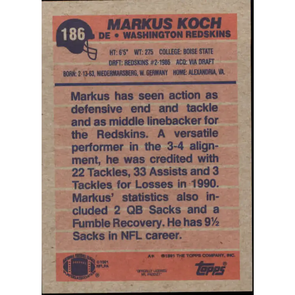 1991 Topps #186 Markus Koch NM-MT Washington Redskins Football Card - Football Card Single