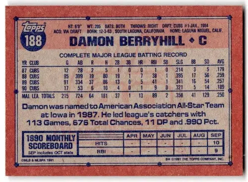 1991 Topps #188 Damon Berryhill EX/NM Cubs ID:43350 - Baseball Card Single