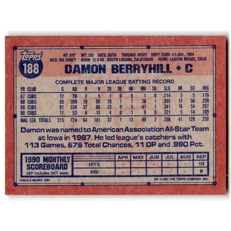 1991 Topps #188 Damon Berryhill NM-MT Chicago Cubs Baseball Card - Baseball Card Single