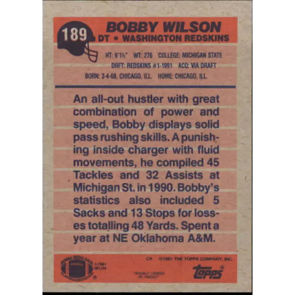 1991 Topps #189 Bobby Wilson NM-MT RC Rookie Washington Redskins Football Card