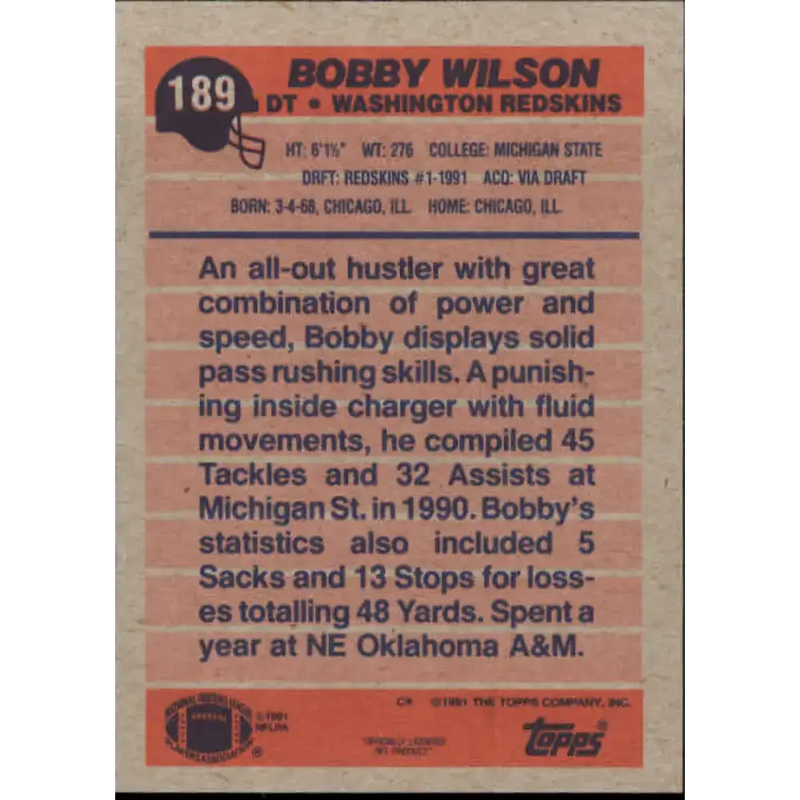 1991 Topps #189 Bobby Wilson NM-MT RC Rookie Washington Redskins Football Card