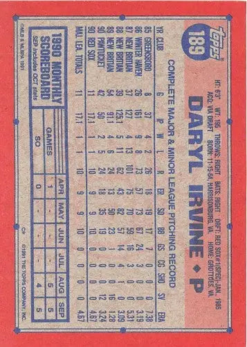 1991 Topps #189 Daryl Irvine NM-MT RC Rookie Red Sox - Baseball Card Single