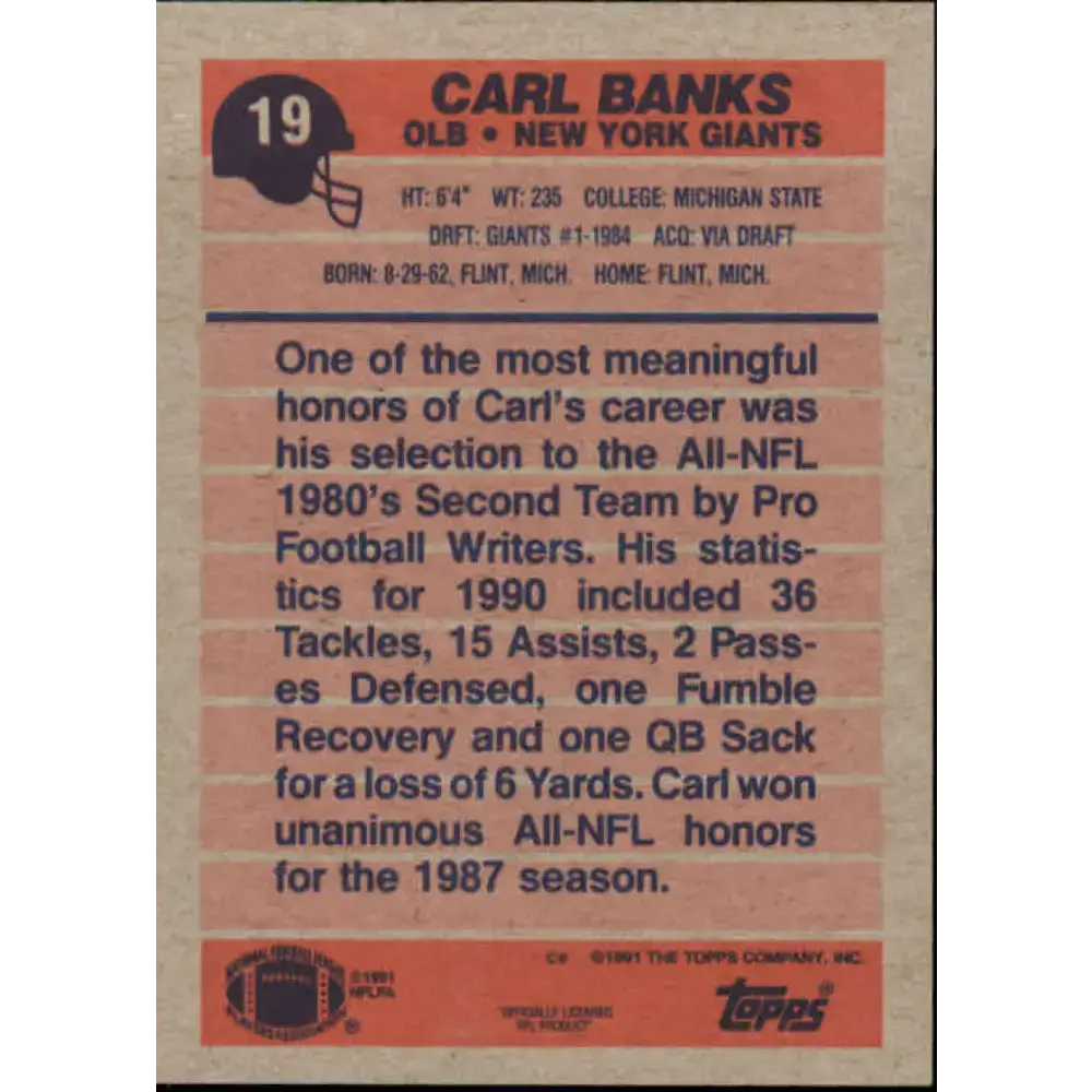 1991 Topps #19 Carl Banks NM-MT New York Giants Football Card - Football Card Single