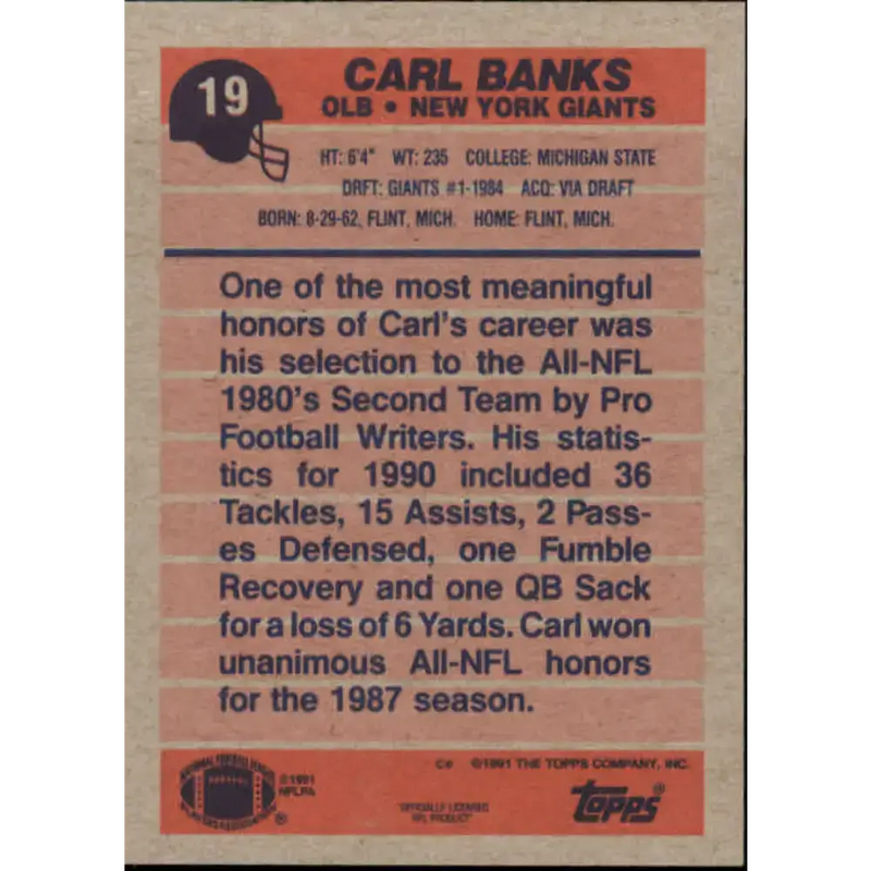1991 Topps #19 Carl Banks NM-MT New York Giants Football Card - Football Card Single