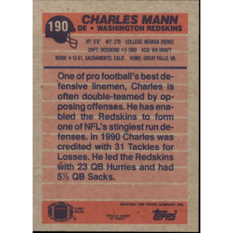 1991 Topps #190 Charles Mann NM-MT Washington Redskins Football Card - Football Card Single