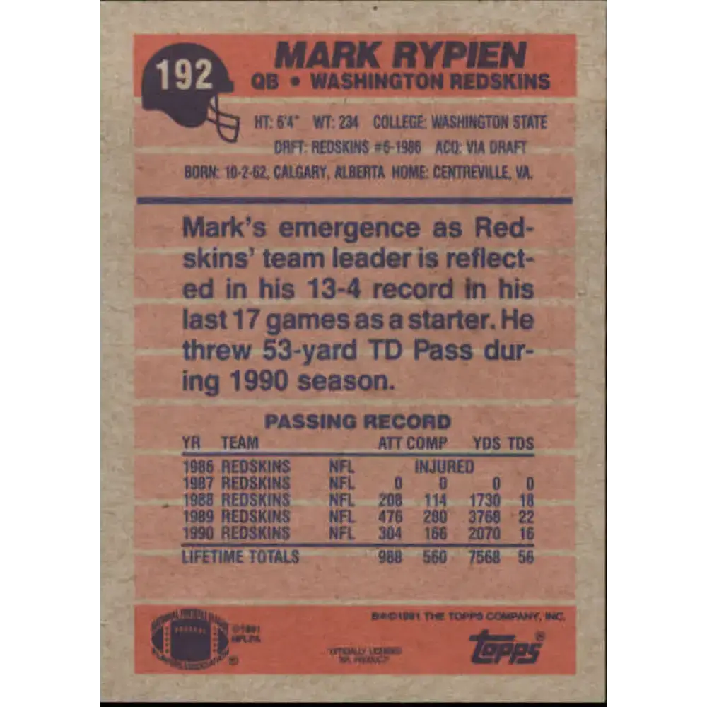 1991 Topps #192 Mark Rypien NM-MT Washington Redskins Football Card - Football Card Single