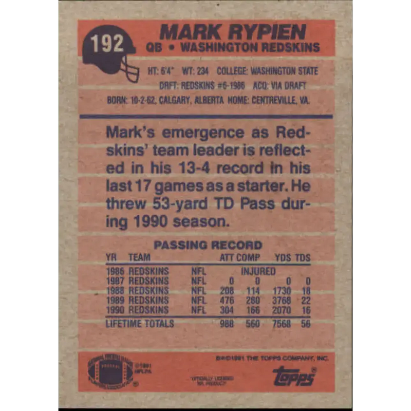 1991 Topps #192 Mark Rypien NM-MT Washington Redskins Football Card - Football Card Single