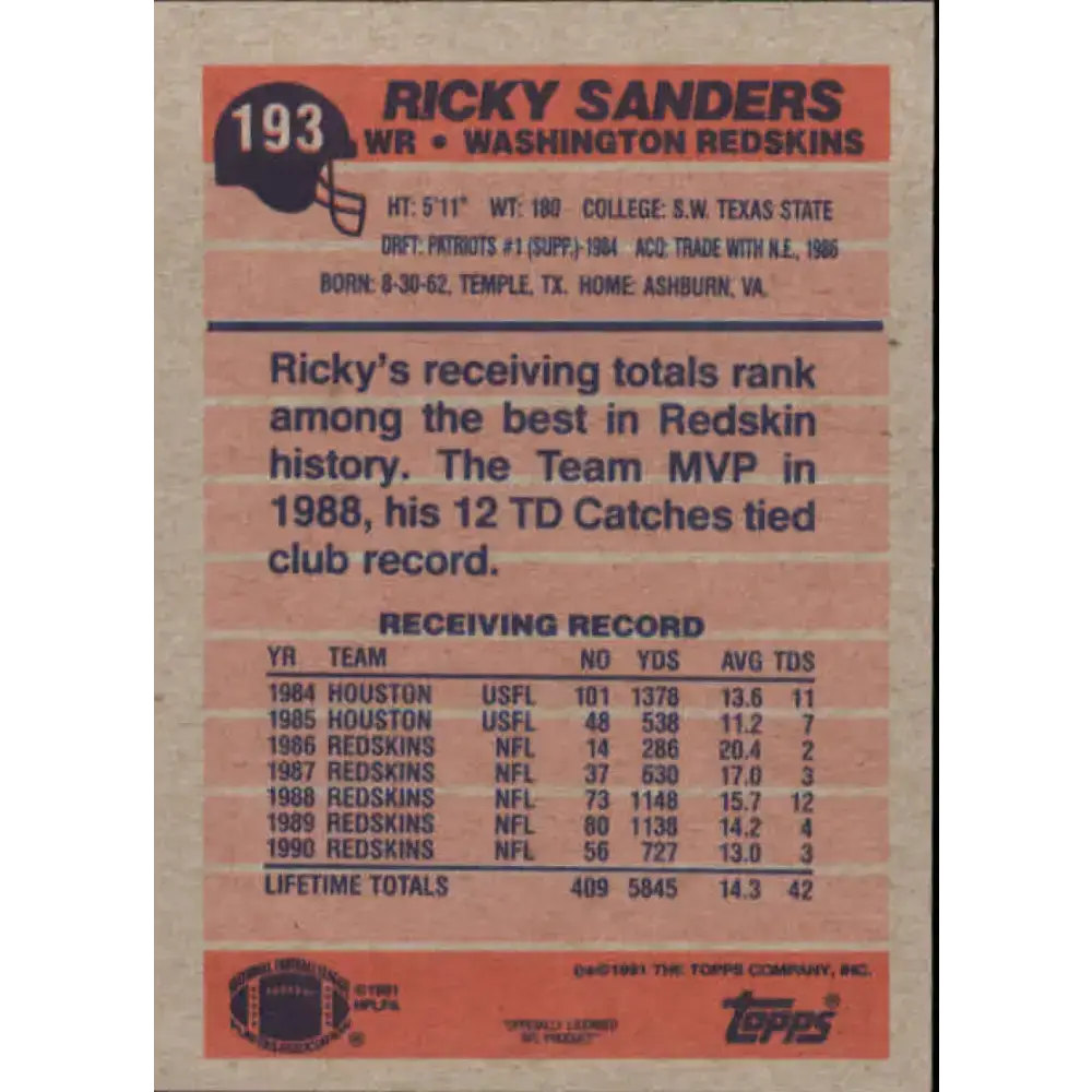 1991 Topps #193 Ricky Sanders NM-MT Washington Redskins Football Card - Football Card Single