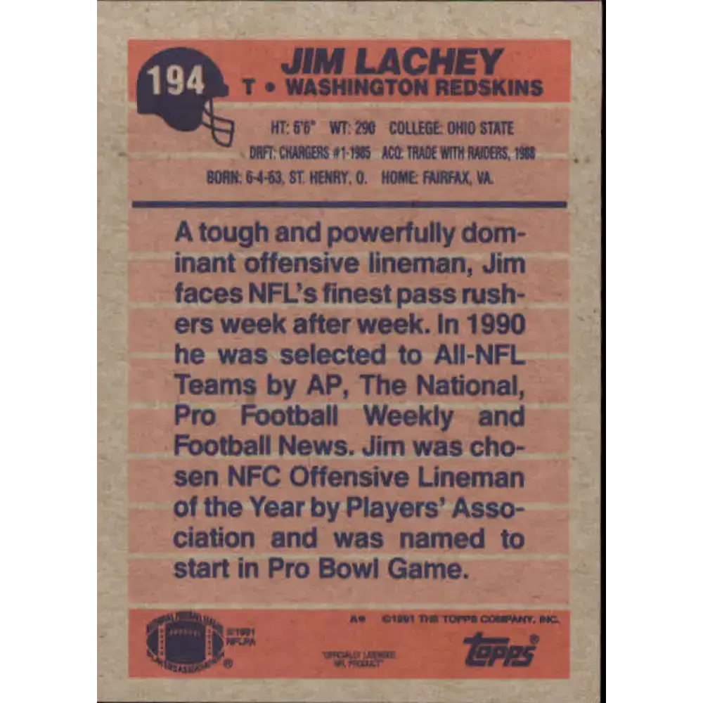 1991 Topps #194 Jim Lachey NM-MT Washington Redskins Football Card - Football Card Single