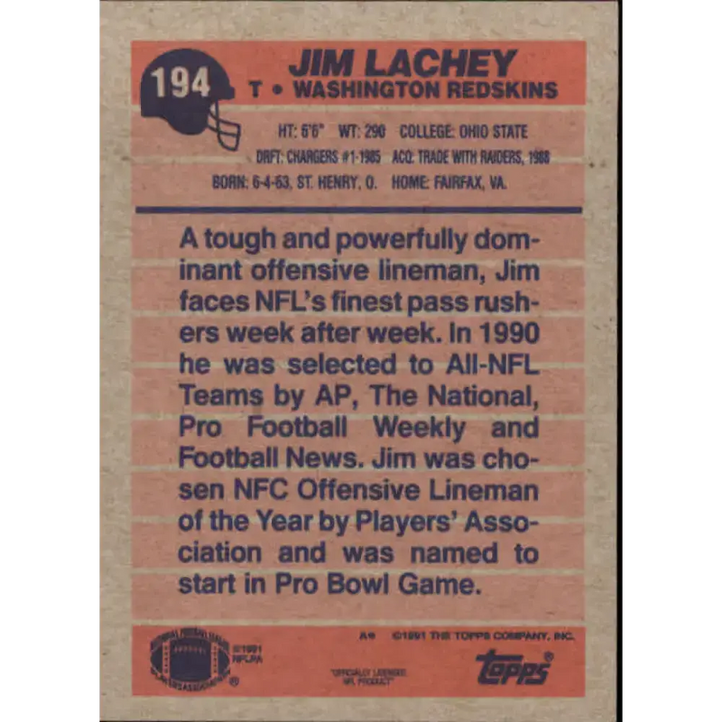1991 Topps #194 Jim Lachey NM-MT Washington Redskins Football Card - Football Card Single