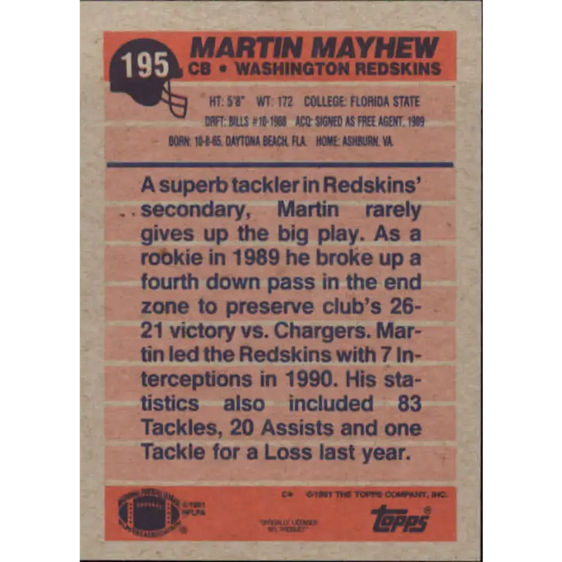 1991 Topps #195 Martin Mayhew NM-MT Washington Redskins Football Card - Football Card Single