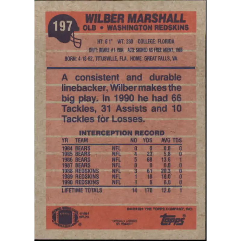 1991 Topps #197 Wilber Marshall NM-MT Washington Redskins Football Card - Football Card Single