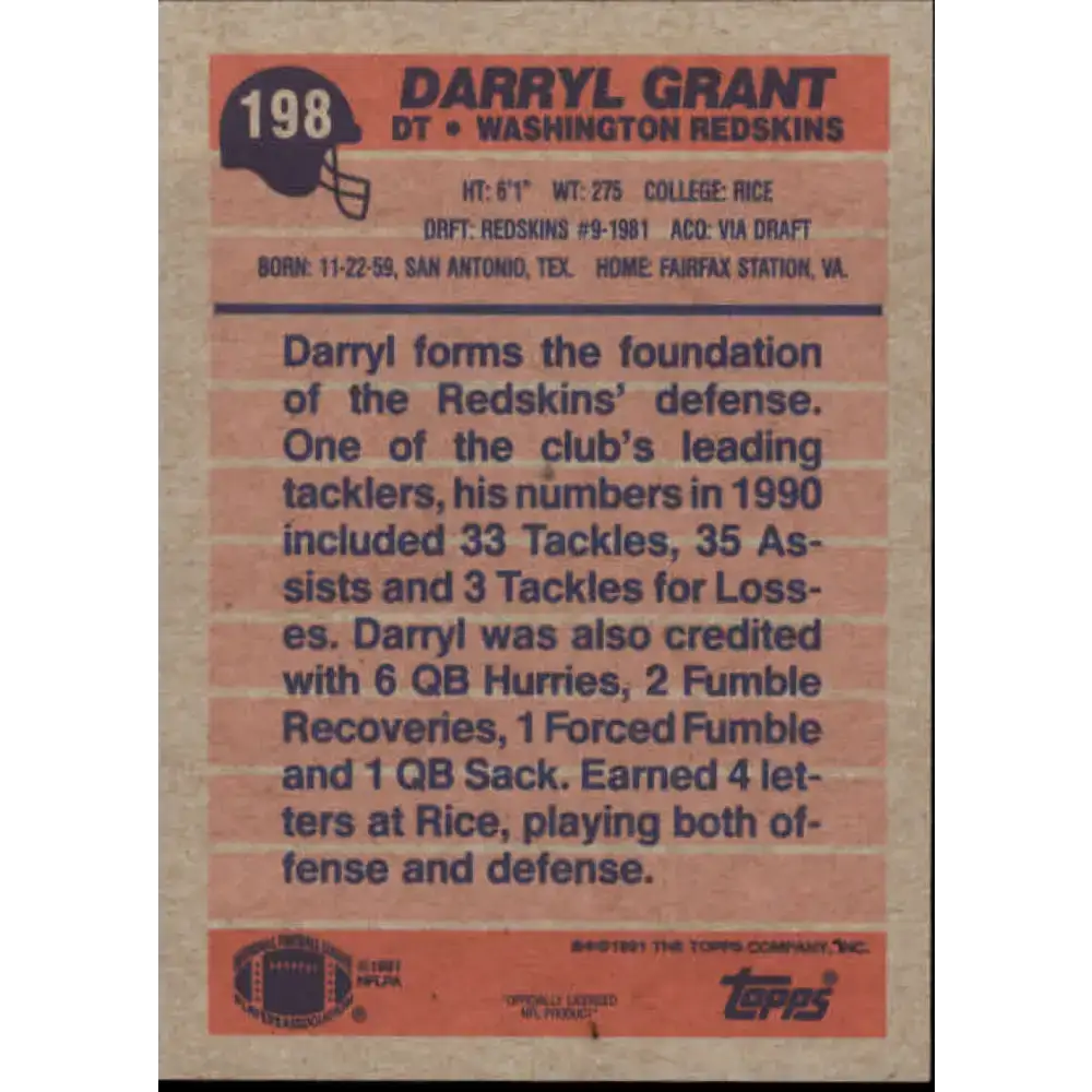 1991 Topps #198 Darryl Grant NM-MT Washington Redskins Football Card - Football Card Single