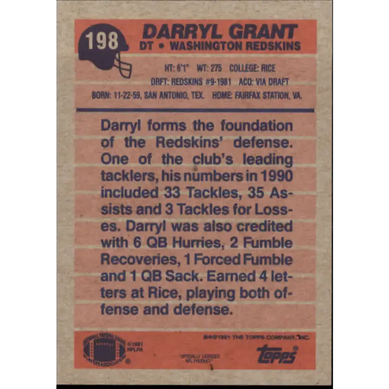 1991 Topps #198 Darryl Grant NM-MT Washington Redskins Football Card - Football Card Single