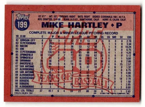 Mike Hartley Los Angeles Dodgers baseball card from 1991 Topps #199, EX/N condition